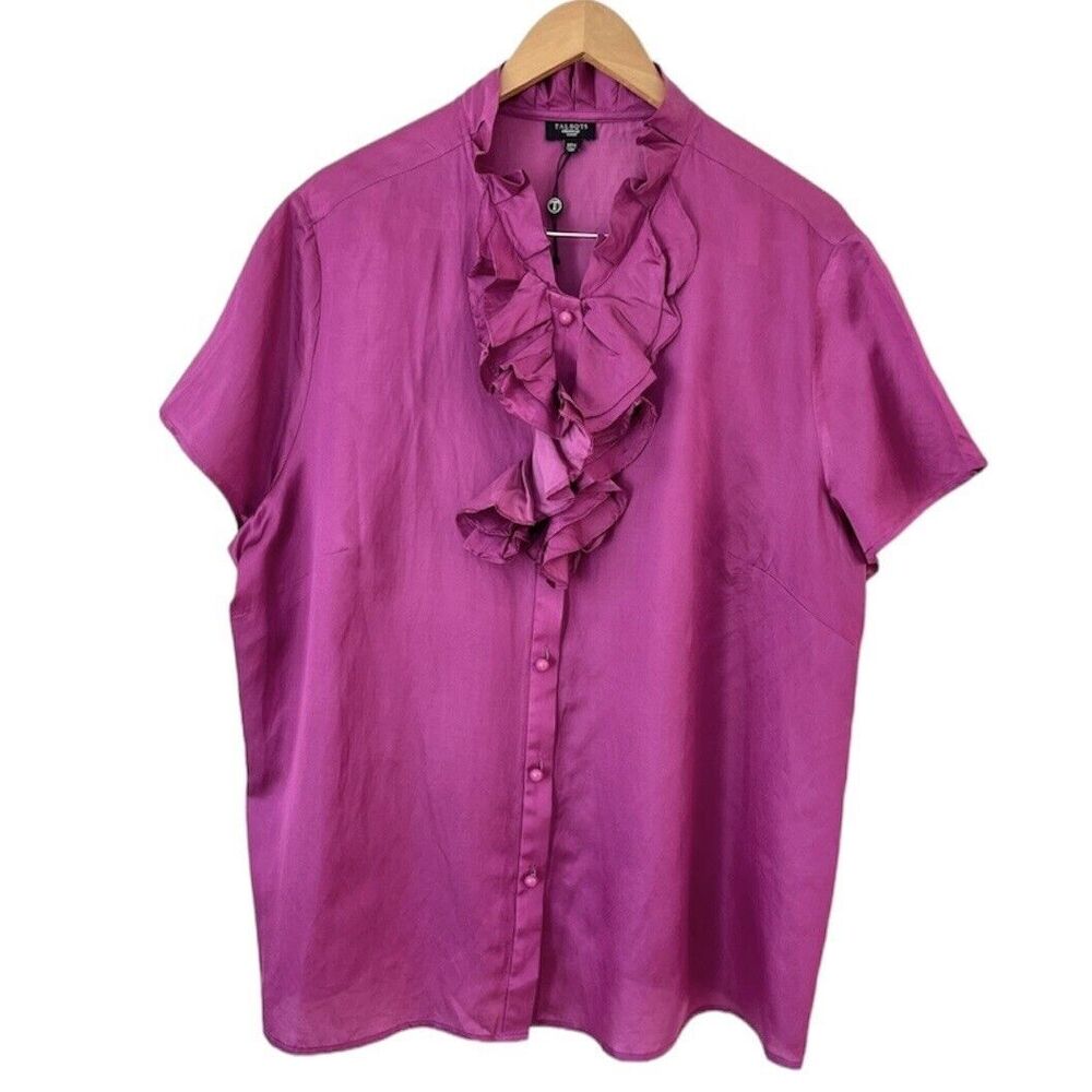 Talbots Women's Silk Cotton Blend Ruffle Neckline Blouse Magenta Size 20 NWOT